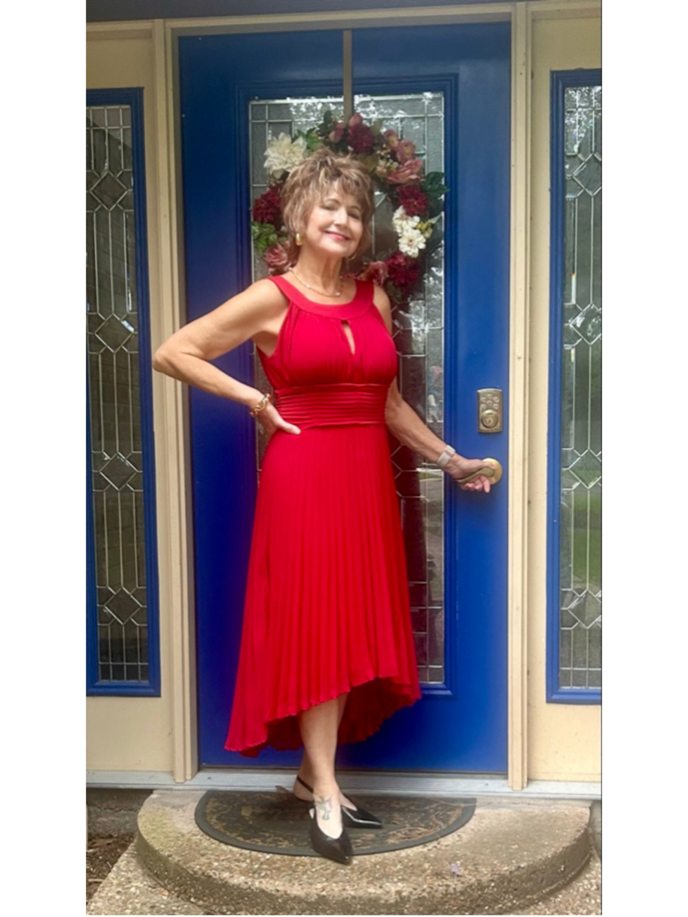 Sangria Red Pleated High Low Midi Dress Cocktail Party Keyhole Neck Sz 8